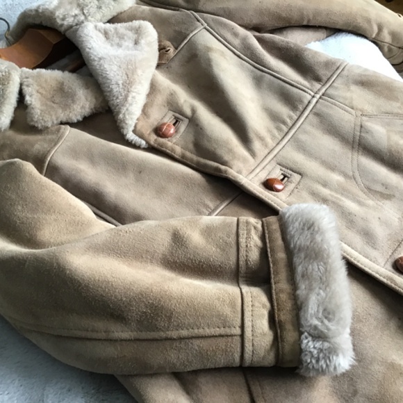 Tan , Genuine Shearling Fur Collar , Suede, Acrylic Plush Inner, Women's Jacket - Picture 7 of 16